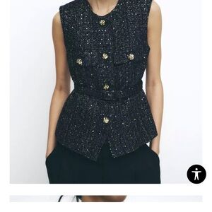 NWT Zara Black Tweed Sleeveless Vest with Gold Buttons